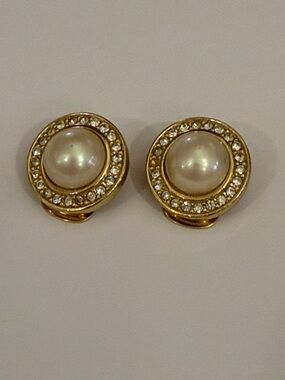 1980’s Christian Dior Gold Pearl and Crystal Halo Clip-On Earrings